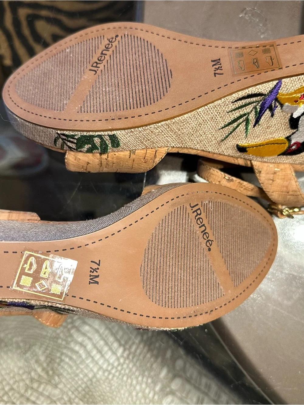 Embroidered Tan Platform Wedge Sandals with Floral Detail